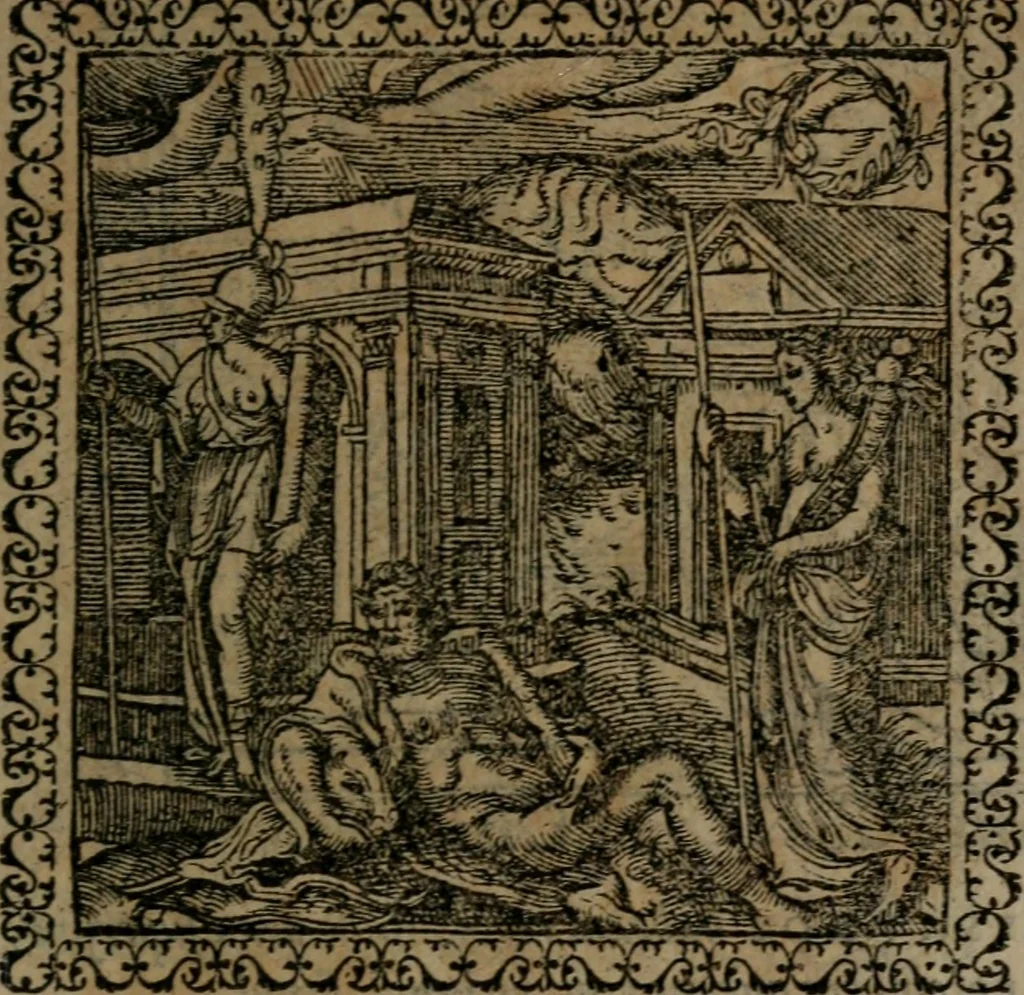 An illustration from Emblemata : et aliquot nummi antiqui operis, 1566, leaf 198
