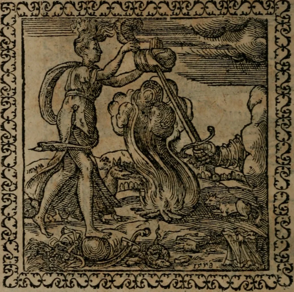 An illustration from Emblemata : et aliquot nummi antiqui operis, 1566, leaf 205