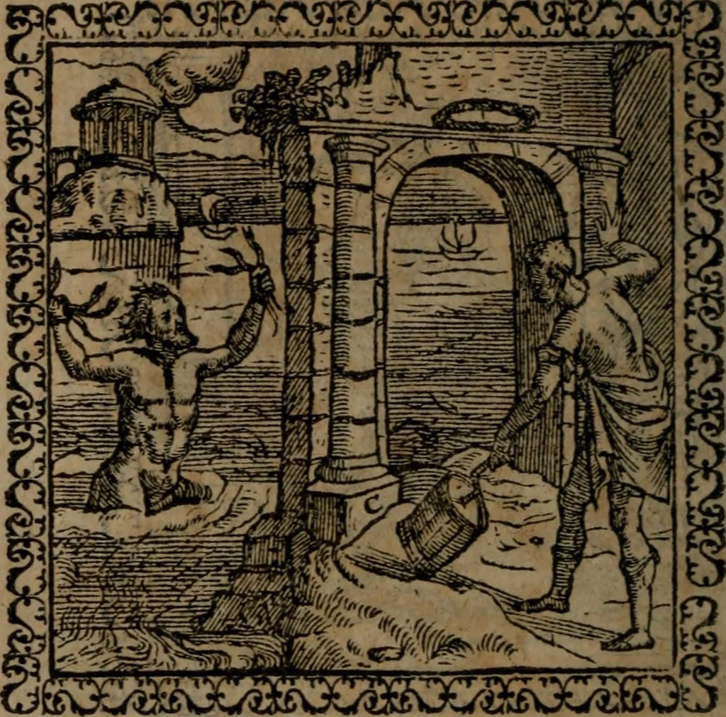 An illustration from Emblemata : et aliquot nummi antiqui operis, 1566, leaf 207