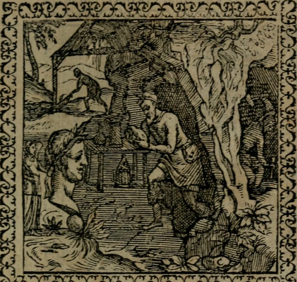 An illustration from Emblemata : et aliquot nummi antiqui operis, 1566, leaf 220