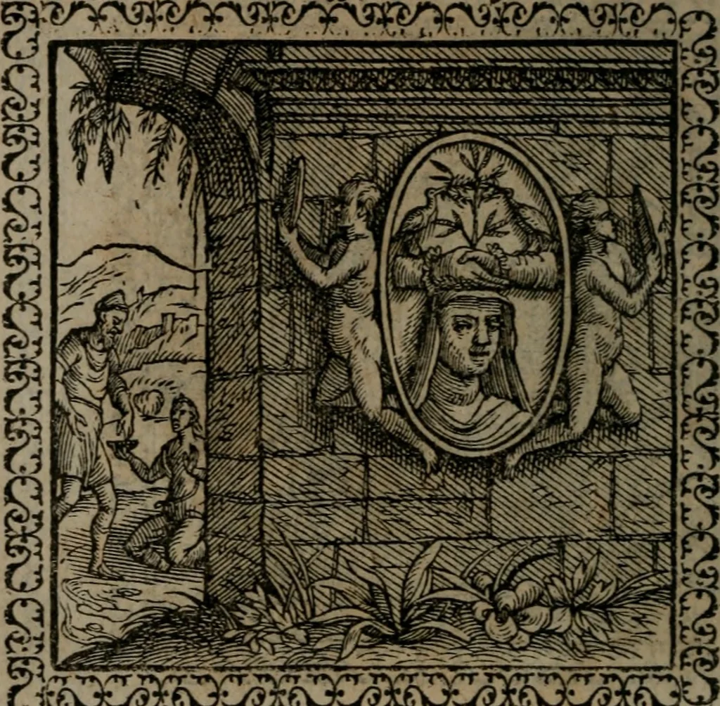 An illustration from Emblemata : et aliquot nummi antiqui operis, 1566, leaf 221