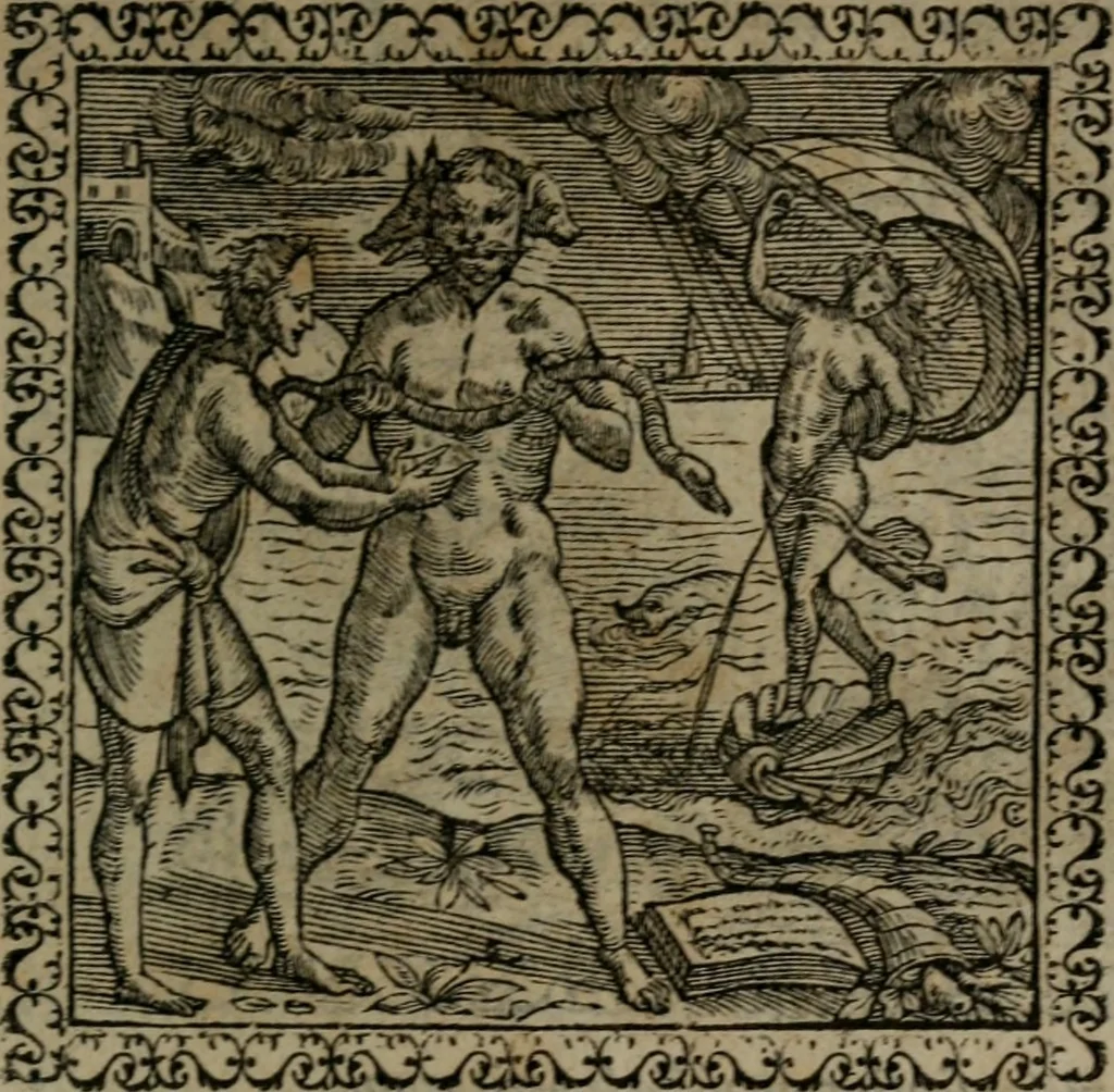 An illustration from Emblemata : et aliquot nummi antiqui operis, 1566, leaf 222