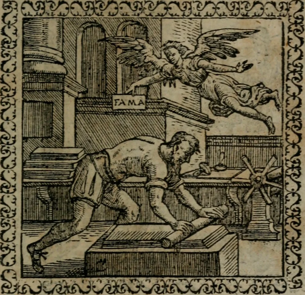 An illustration from Emblemata : et aliquot nummi antiqui operis, 1566, leaf 252