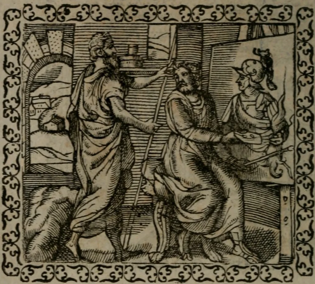 An illustration from Emblemata : et aliquot nummi antiqui operis, 1566, leaf 37