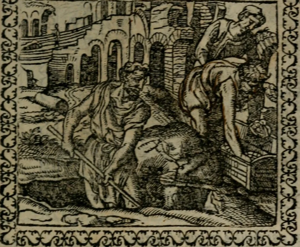 An illustration from Emblemata : et aliquot nummi antiqui operis, 1566, leaf 40