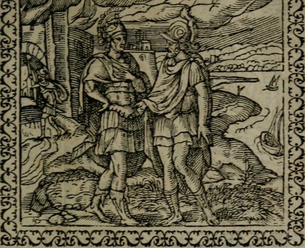 An illustration from Emblemata : et aliquot nummi antiqui operis, 1566, leaf 46