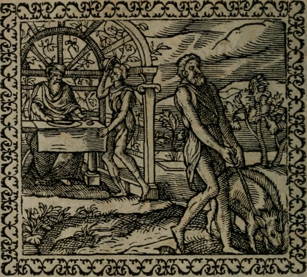 An illustration from Emblemata : et aliquot nummi antiqui operis, 1566, leaf 49