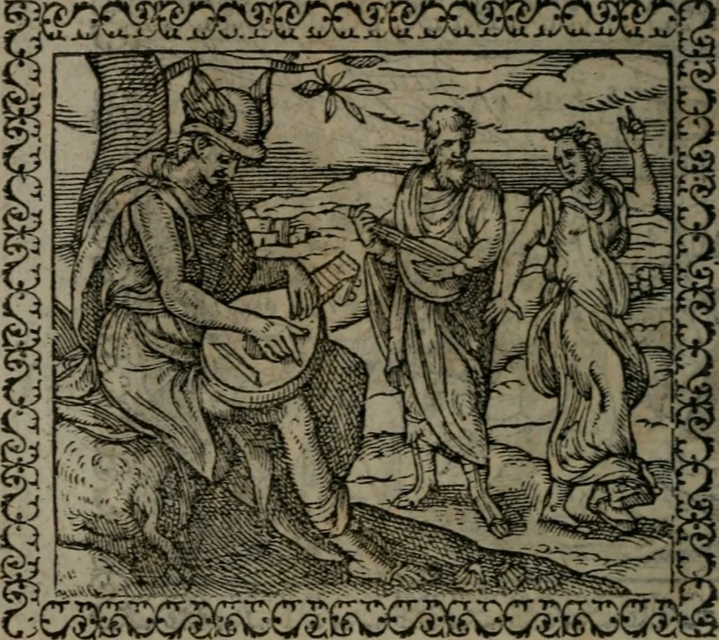 An illustration from Emblemata : et aliquot nummi antiqui operis, 1566, leaf 57
