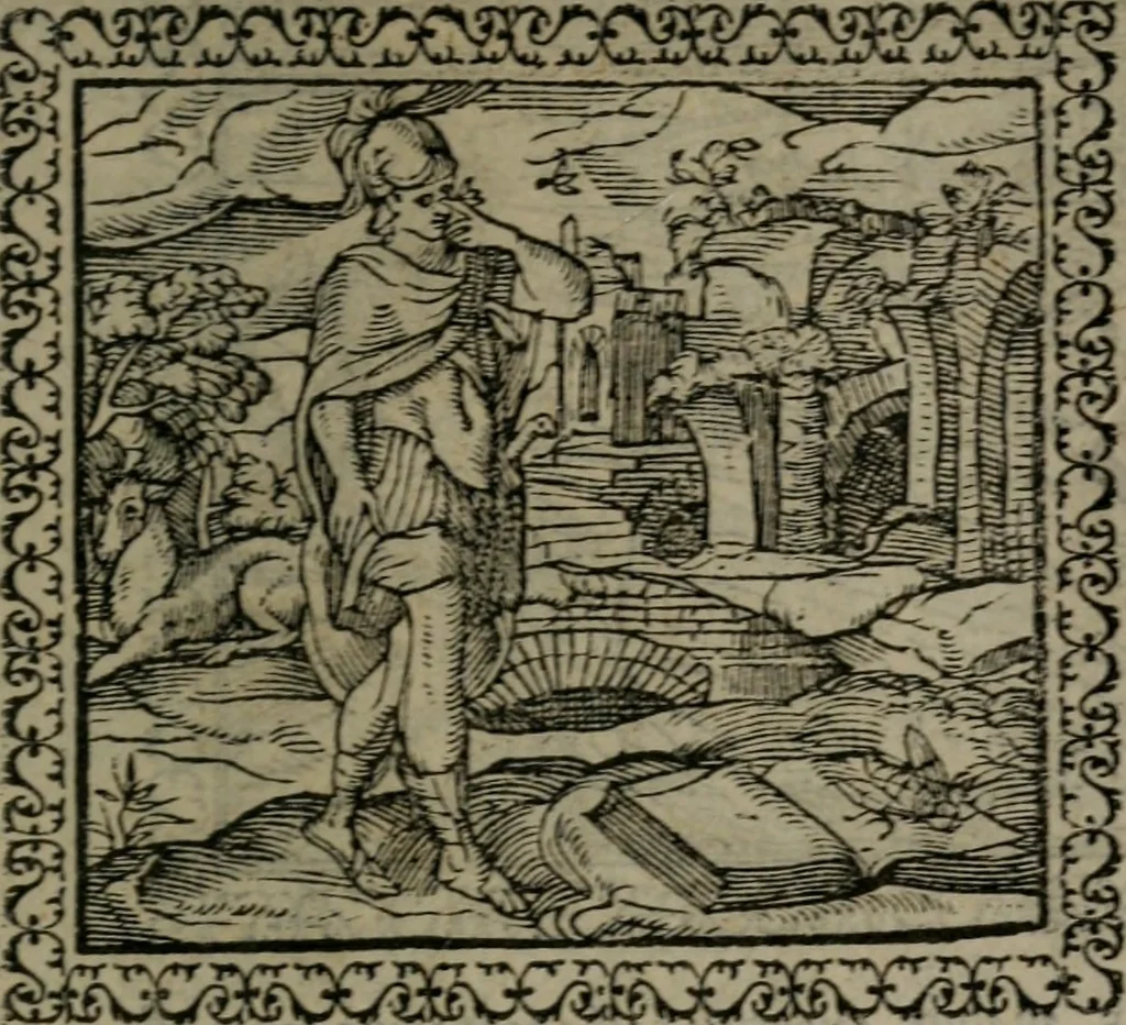 An illustration from Emblemata : et aliquot nummi antiqui operis, 1566, leaf 64