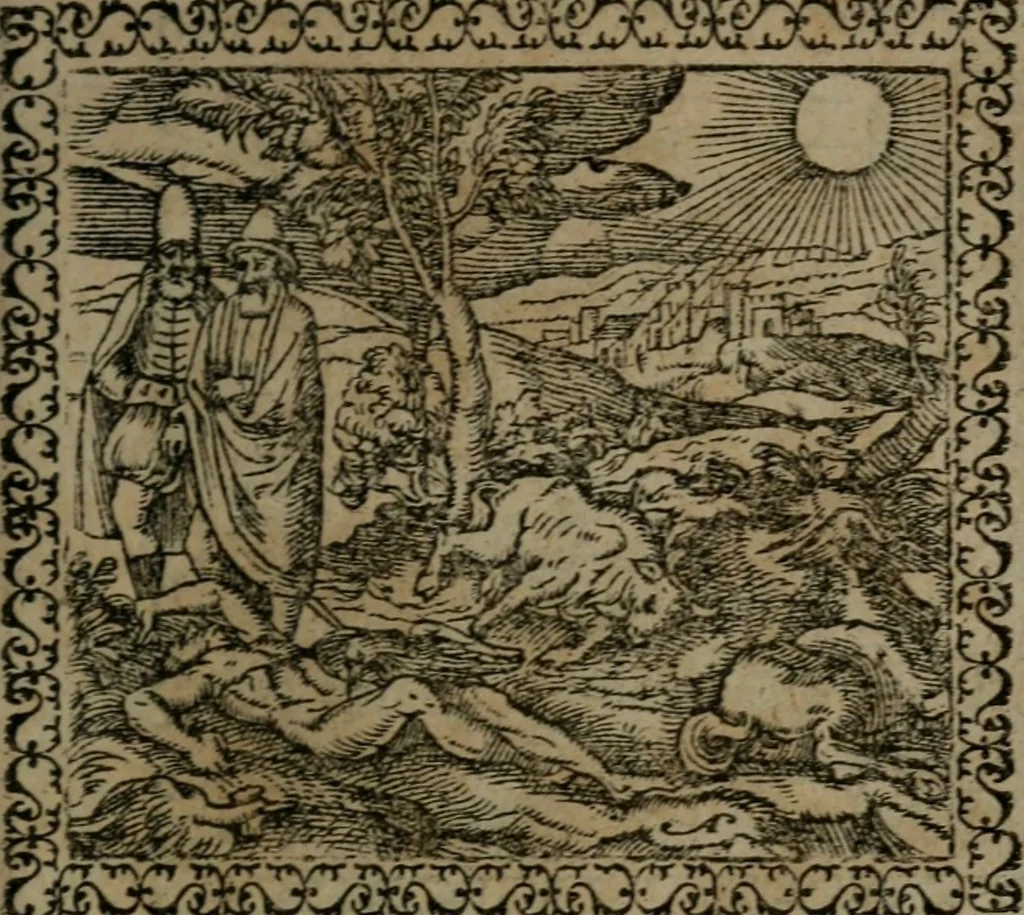 An illustration from Emblemata : et aliquot nummi antiqui operis, 1566, leaf 76