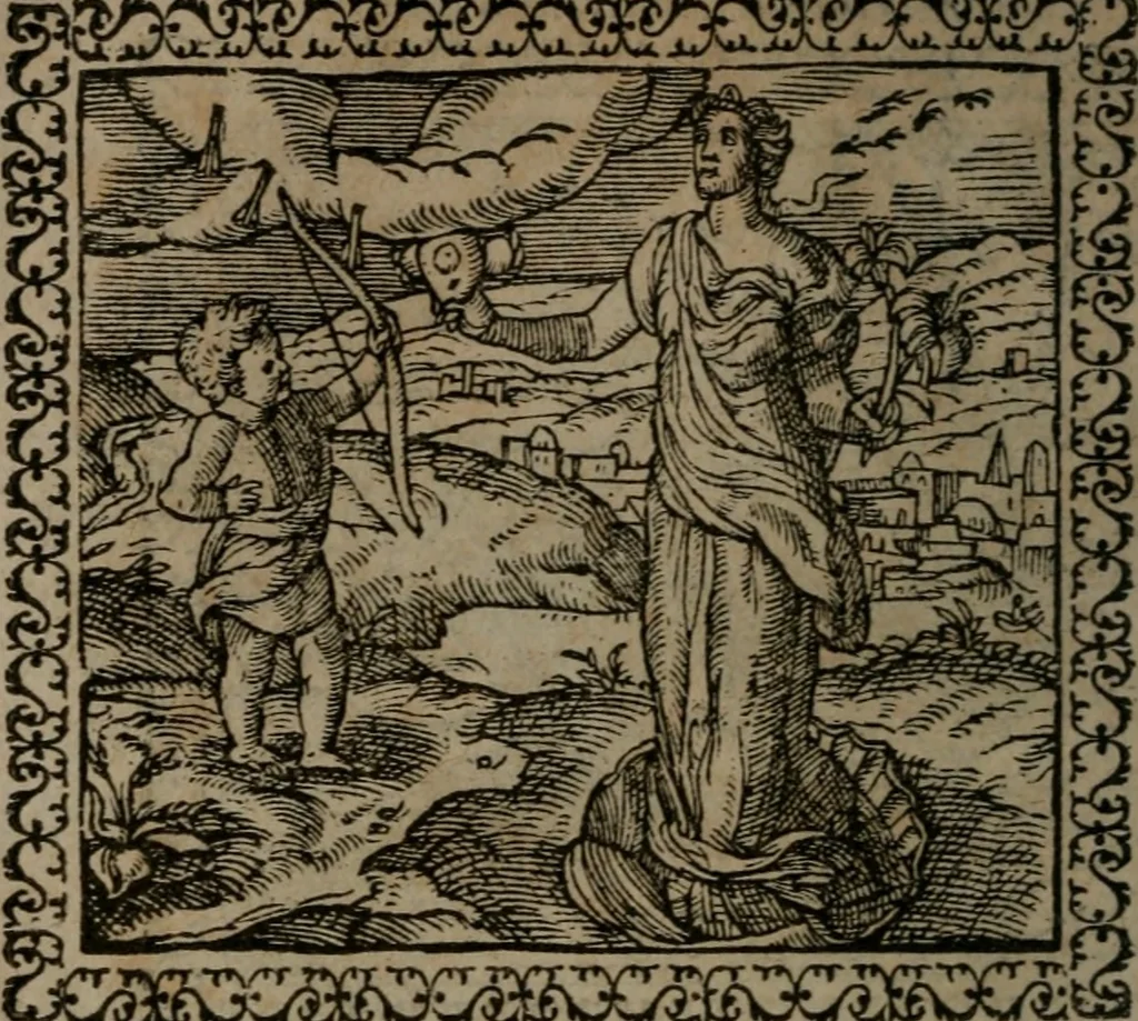 An illustration from Emblemata : et aliquot nummi antiqui operis, 1566, leaf 85