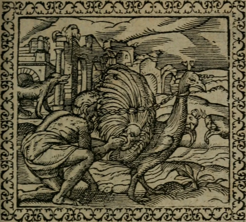 An illustration from Emblemata : et aliquot nummi antiqui operis, 1566, leaf 90