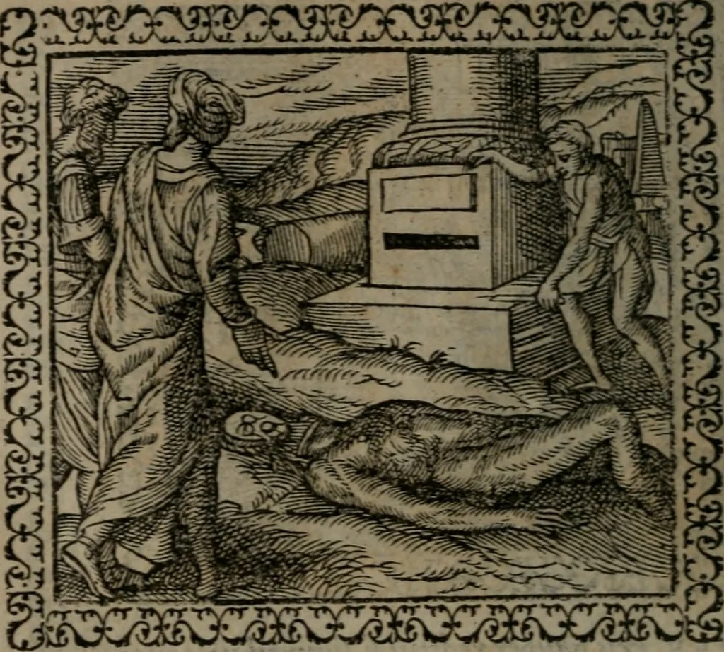 An illustration from Emblemata : et aliquot nummi antiqui operis, 1566, leaf 93