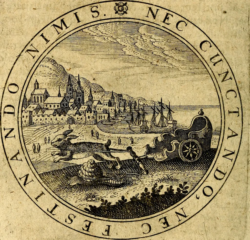 An illustration from Emblemata ethico politica. Ingenuâ at que eruditâ interpretatione nunc primùm illustrata, 1669, leaf 83