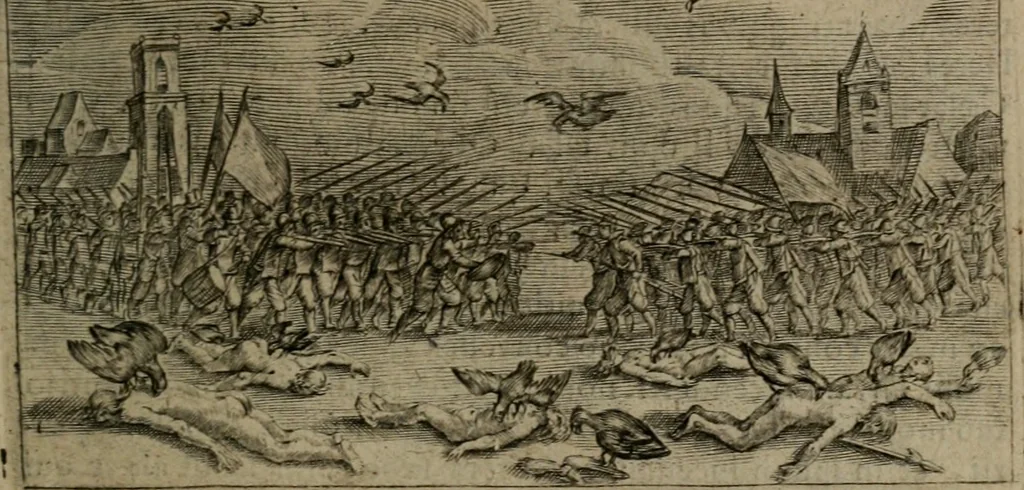 An illustration from Emblemata Florentii Schoonhovii I.C. Goudani : partim moralia partim etiam civilia : cum latiori eorundem ejusdem auctoris interpretatione : accedunt et alia quaedam poëmatia in alijs poematum suorum libris non contenta, 1648, leaf 28