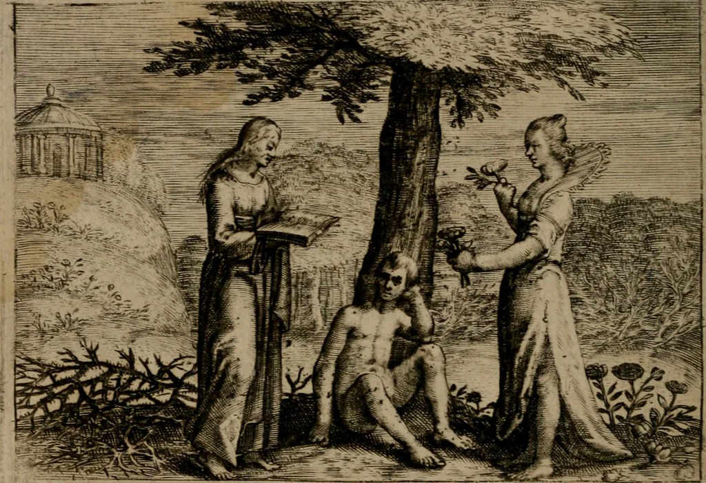 An illustration from Emblemata Florentii Schoonhovii I.C. Goudani, : partim moralia, partim etiam civilia. Cum latiori eorundem ejusdem auctoris interpretatione., 1618, leaf 121