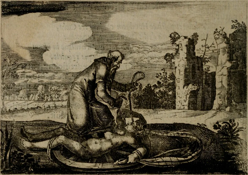 An illustration from Emblemata Florentii Schoonhovii I.C. Goudani, : partim moralia, partim etiam civilia. Cum latiori eorundem ejusdem auctoris interpretatione., 1618, leaf 17