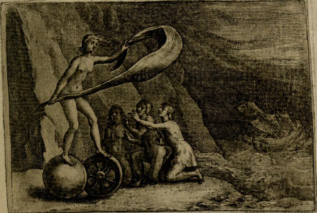 An illustration from Emblemata Florentii Schoonhovii I.C. Goudani, : partim moralia, partim etiam civilia. Cum latiori eorundem ejusdem auctoris interpretatione., 1618, leaf 28