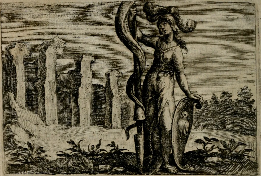 An illustration from Emblemata Florentii Schoonhovii I.C. Goudani, : partim moralia, partim etiam civilia. Cum latiori eorundem ejusdem auctoris interpretatione., 1618, leaf 65