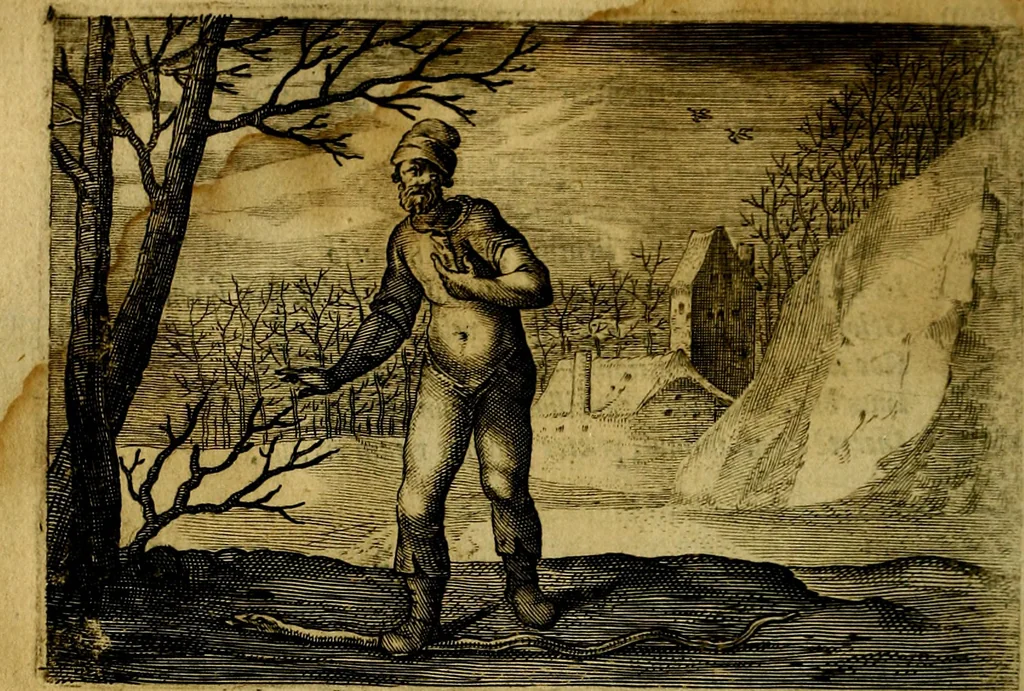 An illustration from Emblemata Florentii Schoonhovii, partim moralia, partim etiam civilia. Cum latiori eorundem ejusdem auctoris interpretatione. Accedunt et alia quædam poëmatia in alijs poëmatum suorum libris non contenta, 1618, leaf 105