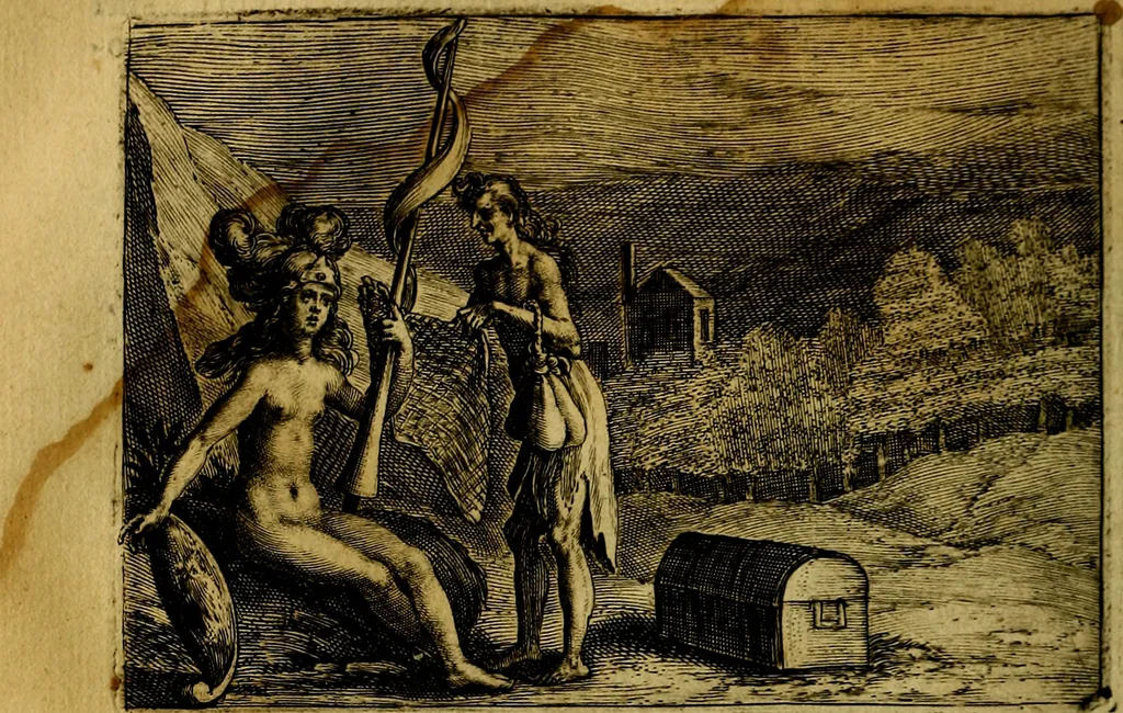 An illustration from Emblemata Florentii Schoonhovii, partim moralia, partim etiam civilia. Cum latiori eorundem ejusdem auctoris interpretatione. Accedunt et alia quædam poëmatia in alijs poëmatum suorum libris non contenta, 1618, leaf 117