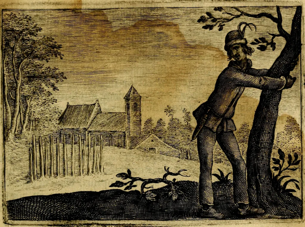 An illustration from Emblemata Florentii Schoonhovii, partim moralia, partim etiam civilia. Cum latiori eorundem ejusdem auctoris interpretatione. Accedunt et alia quædam poëmatia in alijs poëmatum suorum libris non contenta, 1618, leaf 144