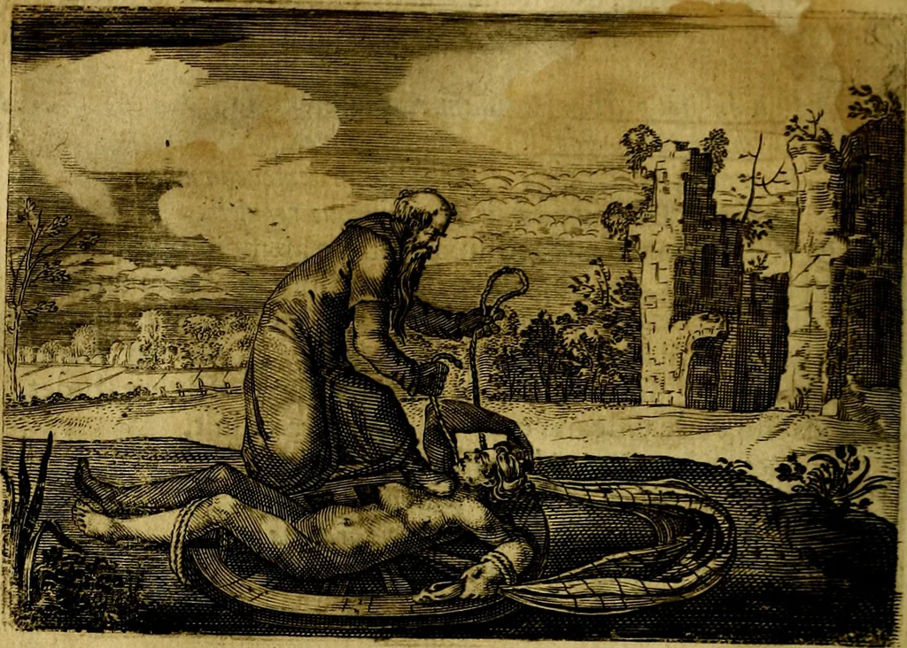 An illustration from Emblemata Florentii Schoonhovii, partim moralia, partim etiam civilia. Cum latiori eorundem ejusdem auctoris interpretatione. Accedunt et alia quædam poëmatia in alijs poëmatum suorum libris non contenta, 1618, leaf 17