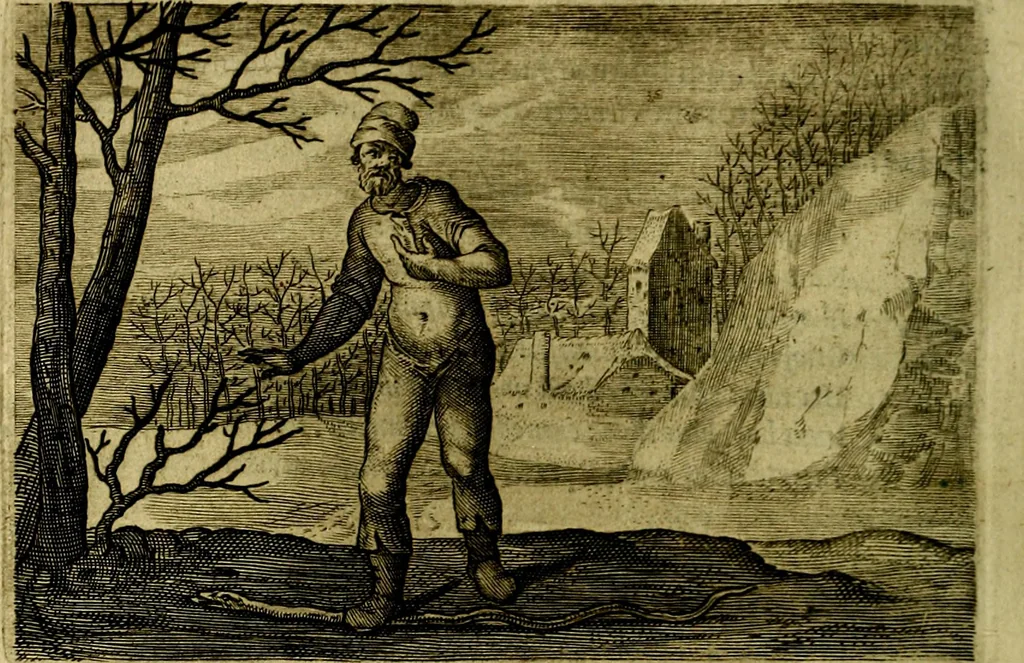 An illustration from Emblemata Florentii Schoonhovii ... partim moralia partim etiam civilia. Cum latiori eorundem ejusdem Auctoris interpretatione. Accedunt et alia quaedam poëmatia in alijs poem̈atum suonum libris non contenta, 1648, leaf 115