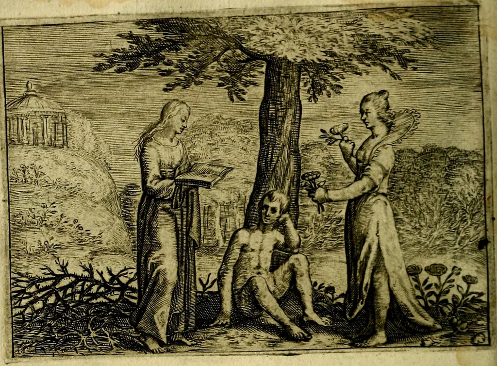 An illustration from Emblemata Florentii Schoonhovii ... partim moralia partim etiam civilia. Cum latiori eorundem ejusdem Auctoris interpretatione. Accedunt et alia quaedam poëmatia in alijs poem̈atum suonum libris non contenta, 1648, leaf 123
