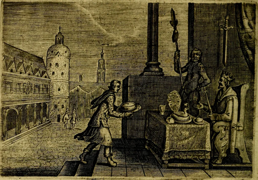 An illustration from Emblemata Florentii Schoonhovii ... partim moralia partim etiam civilia. Cum latiori eorundem ejusdem Auctoris interpretatione. Accedunt et alia quaedam poëmatia in alijs poem̈atum suonum libris non contenta, 1648, leaf 95