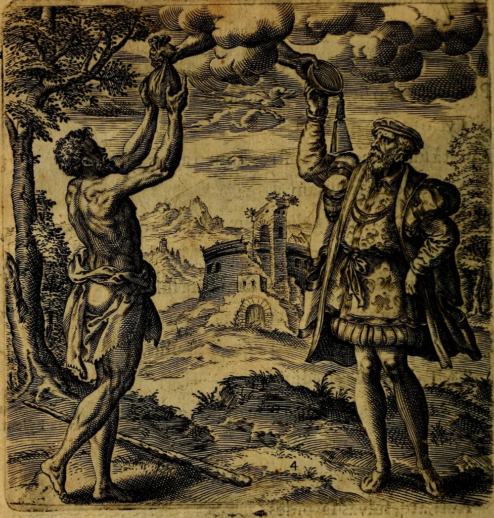 An illustration from Emblemata moralia, et oeconomica, de rervm vsv et abvsv, olim inventa et Belgicis rithmis explicata à Theodoro Cornhertio rerum politicarum auo tempore, inter Belgas peritissimo; nunc verò varijs carminum generibus recens illustrata à Richardo Lubbaeo Broeckmerio Frisio .., 1609, leaf 13