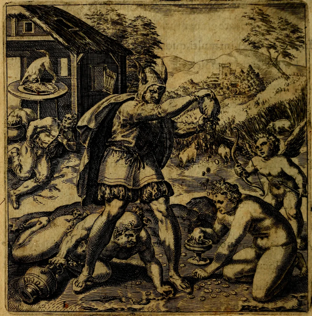 An illustration from Emblemata moralia, et oeconomica, de rervm vsv et abvsv, olim inventa et Belgicis rithmis explicata à Theodoro Cornhertio rerum politicarum auo tempore, inter Belgas peritissimo; nunc verò varijs carminum generibus recens illustrata à Richardo Lubbaeo Broeckmerio Frisio .., 1609, leaf 15