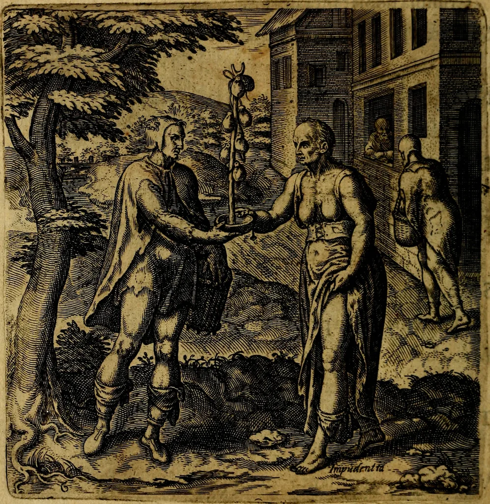 An illustration from Emblemata moralia, et oeconomica, de rervm vsv et abvsv, olim inventa et Belgicis rithmis explicata à Theodoro Cornhertio rerum politicarum auo tempore, inter Belgas peritissimo; nunc verò varijs carminum generibus recens illustrata à Richardo Lubbaeo Broeckmerio Frisio .., 1609, leaf 17