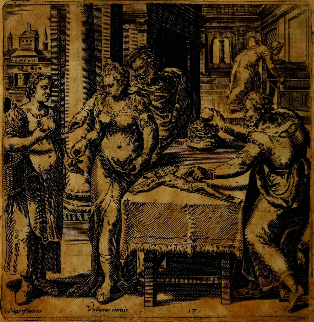 An illustration from Emblemata moralia, et oeconomica, de rervm vsv et abvsv, olim inventa et Belgicis rithmis explicata à Theodoro Cornhertio rerum politicarum auo tempore, inter Belgas peritissimo; nunc verò varijs carminum generibus recens illustrata à Richardo Lubbaeo Broeckmerio Frisio .., 1609, leaf 39