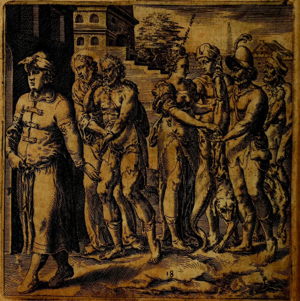 An illustration from Emblemata moralia, et oeconomica, de rervm vsv et abvsv, olim inventa et Belgicis rithmis explicata à Theodoro Cornhertio rerum politicarum auo tempore, inter Belgas peritissimo; nunc verò varijs carminum generibus recens illustrata à Richardo Lubbaeo Broeckmerio Frisio .., 1609, leaf 41