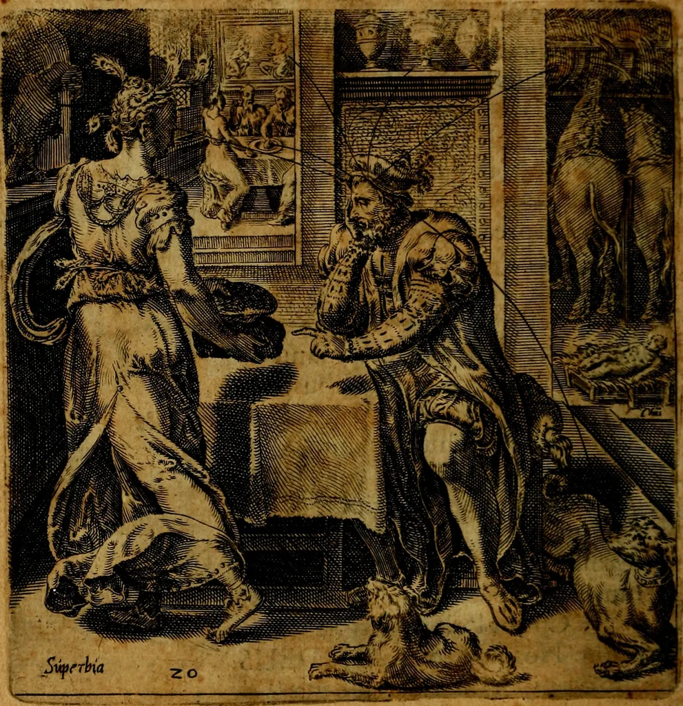 An illustration from Emblemata moralia, et oeconomica, de rervm vsv et abvsv, olim inventa et Belgicis rithmis explicata à Theodoro Cornhertio rerum politicarum auo tempore, inter Belgas peritissimo; nunc verò varijs carminum generibus recens illustrata à Richardo Lubbaeo Broeckmerio Frisio .., 1609, leaf 43