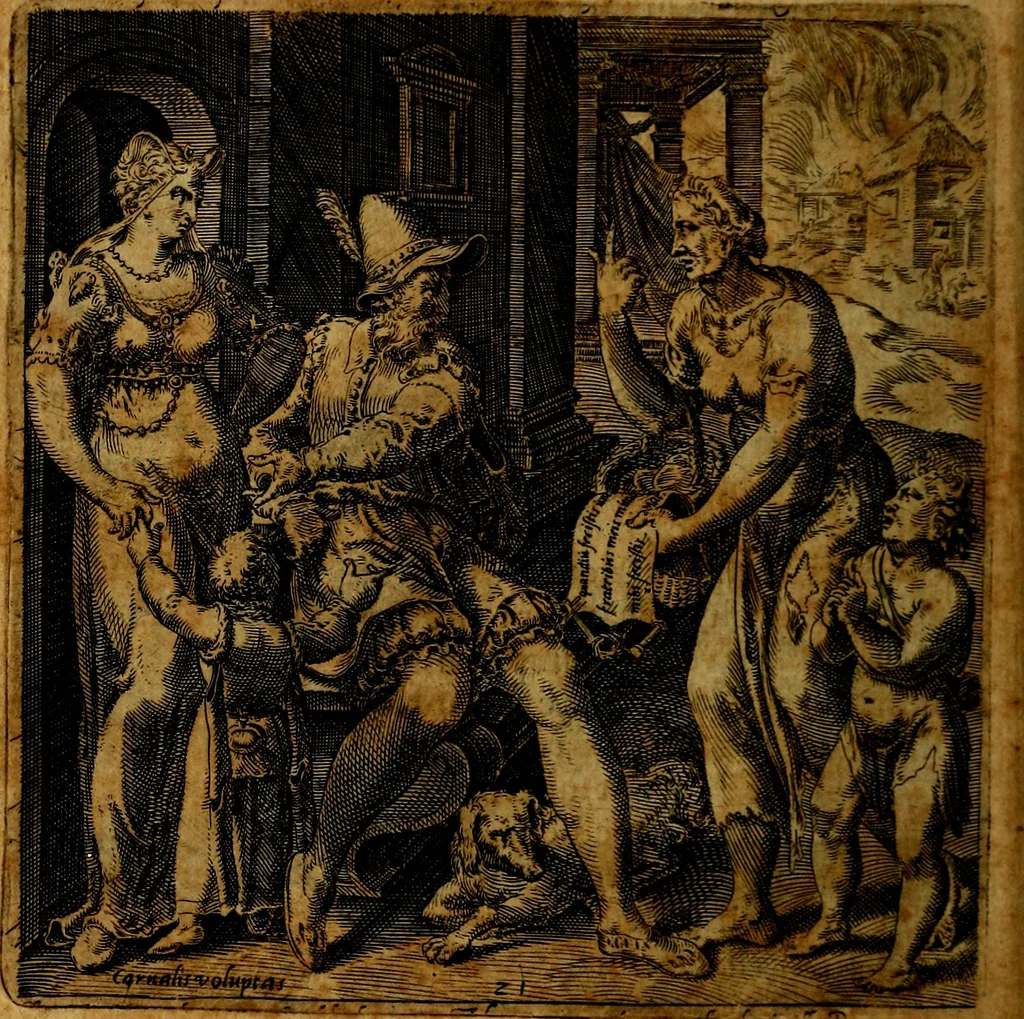 An illustration from Emblemata moralia, et oeconomica, de rervm vsv et abvsv, olim inventa et Belgicis rithmis explicata à Theodoro Cornhertio rerum politicarum auo tempore, inter Belgas peritissimo; nunc verò varijs carminum generibus recens illustrata à Richardo Lubbaeo Broeckmerio Frisio .., 1609, leaf 45