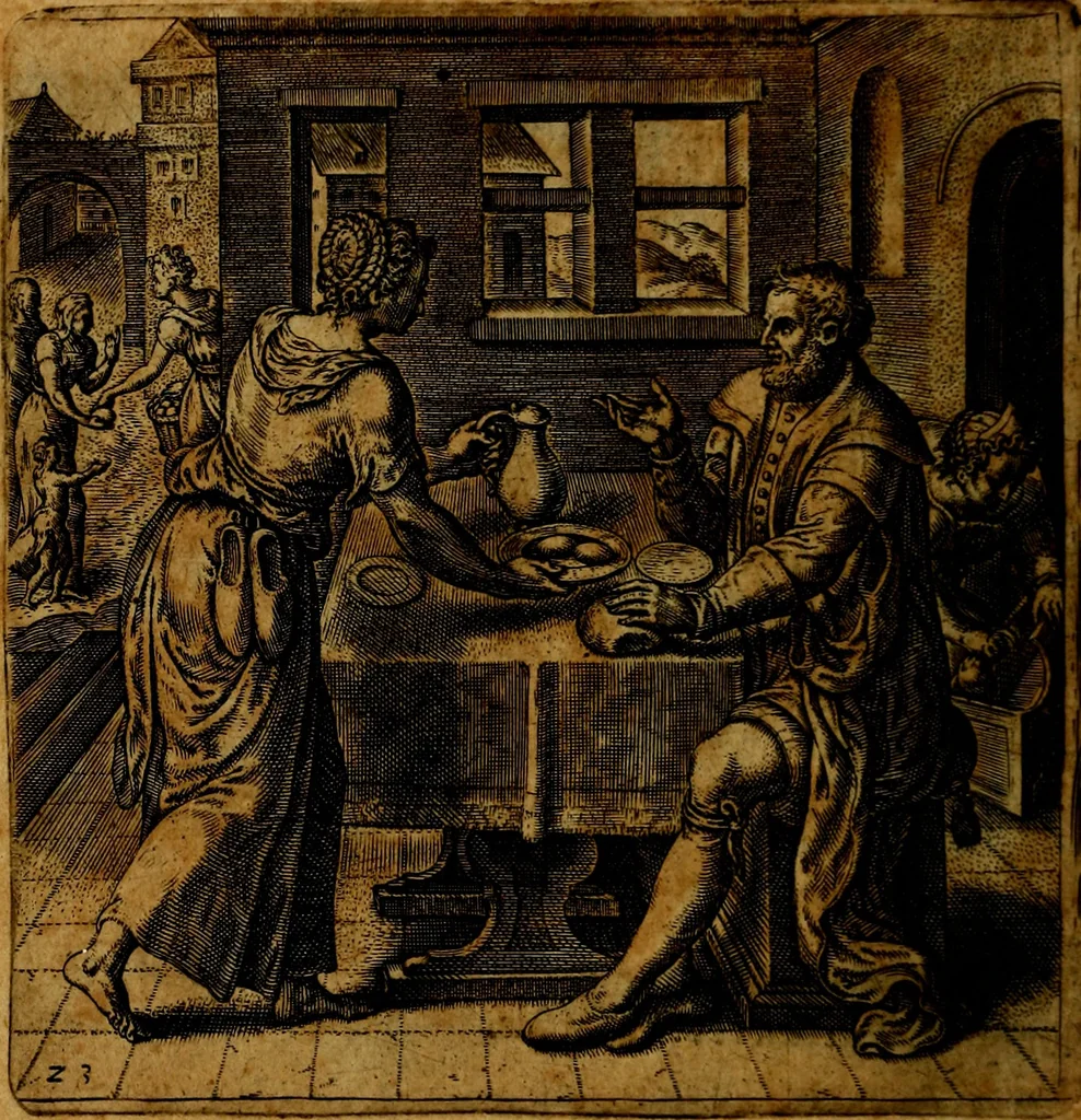An illustration from Emblemata moralia, et oeconomica, de rervm vsv et abvsv, olim inventa et Belgicis rithmis explicata à Theodoro Cornhertio rerum politicarum auo tempore, inter Belgas peritissimo; nunc verò varijs carminum generibus recens illustrata à Richardo Lubbaeo Broeckmerio Frisio .., 1609, leaf 49