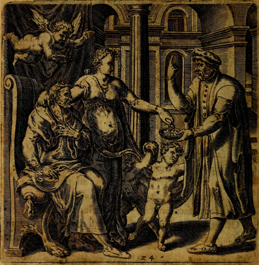 An illustration from Emblemata moralia, et oeconomica, de rervm vsv et abvsv, olim inventa et Belgicis rithmis explicata à Theodoro Cornhertio rerum politicarum auo tempore, inter Belgas peritissimo; nunc verò varijs carminum generibus recens illustrata à Richardo Lubbaeo Broeckmerio Frisio .., 1609, leaf 51