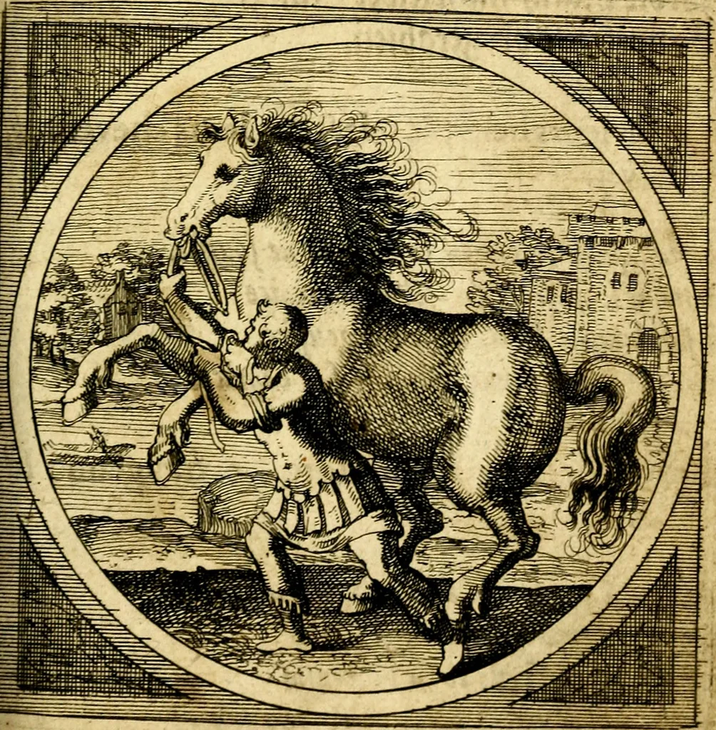 An illustration from Emblemata moralia nova, das ist: achtzig Sinnreiche nachdenckliche Figuren auss heyliger Schrifft in Kupfferstücken fürgestellet, worinnen schöne Anweisungen zu wahrer Gottesforcht begrieffen ... mit Lateinischen und Teutschen, nachmals aber von M.C.R. mit Frantzösischen und Italianischen Versen erkläret .., 1630, leaf 102