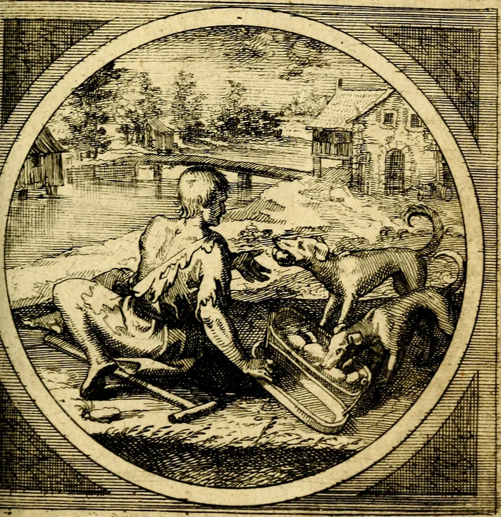 An illustration from Emblemata moralia nova, das ist: achtzig Sinnreiche nachdenckliche Figuren auss heyliger Schrifft in Kupfferstücken fürgestellet, worinnen schöne Anweisungen zu wahrer Gottesforcht begrieffen ... mit Lateinischen und Teutschen, nachmals aber von M.C.R. mit Frantzösischen und Italianischen Versen erkläret .., 1630, leaf 110