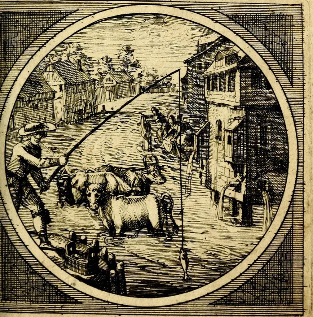An illustration from Emblemata moralia nova, das ist: achtzig Sinnreiche nachdenckliche Figuren auss heyliger Schrifft in Kupfferstücken fürgestellet, worinnen schöne Anweisungen zu wahrer Gottesforcht begrieffen ... mit Lateinischen und Teutschen, nachmals aber von M.C.R. mit Frantzösischen und Italianischen Versen erkläret .., 1630, leaf 114