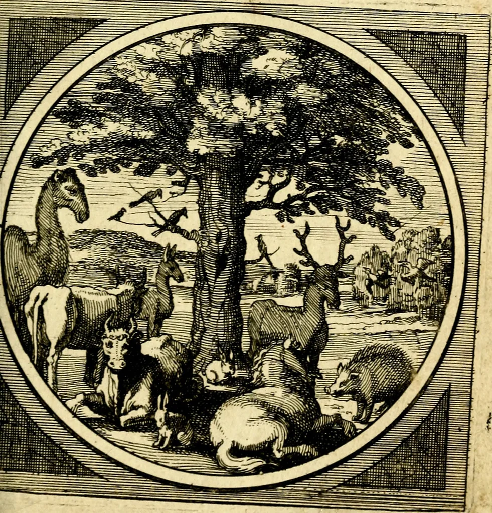 An illustration from Emblemata moralia nova, das ist: achtzig Sinnreiche nachdenckliche Figuren auss heyliger Schrifft in Kupfferstücken fürgestellet, worinnen schöne Anweisungen zu wahrer Gottesforcht begrieffen ... mit Lateinischen und Teutschen, nachmals aber von M.C.R. mit Frantzösischen und Italianischen Versen erkläret .., 1630, leaf 118