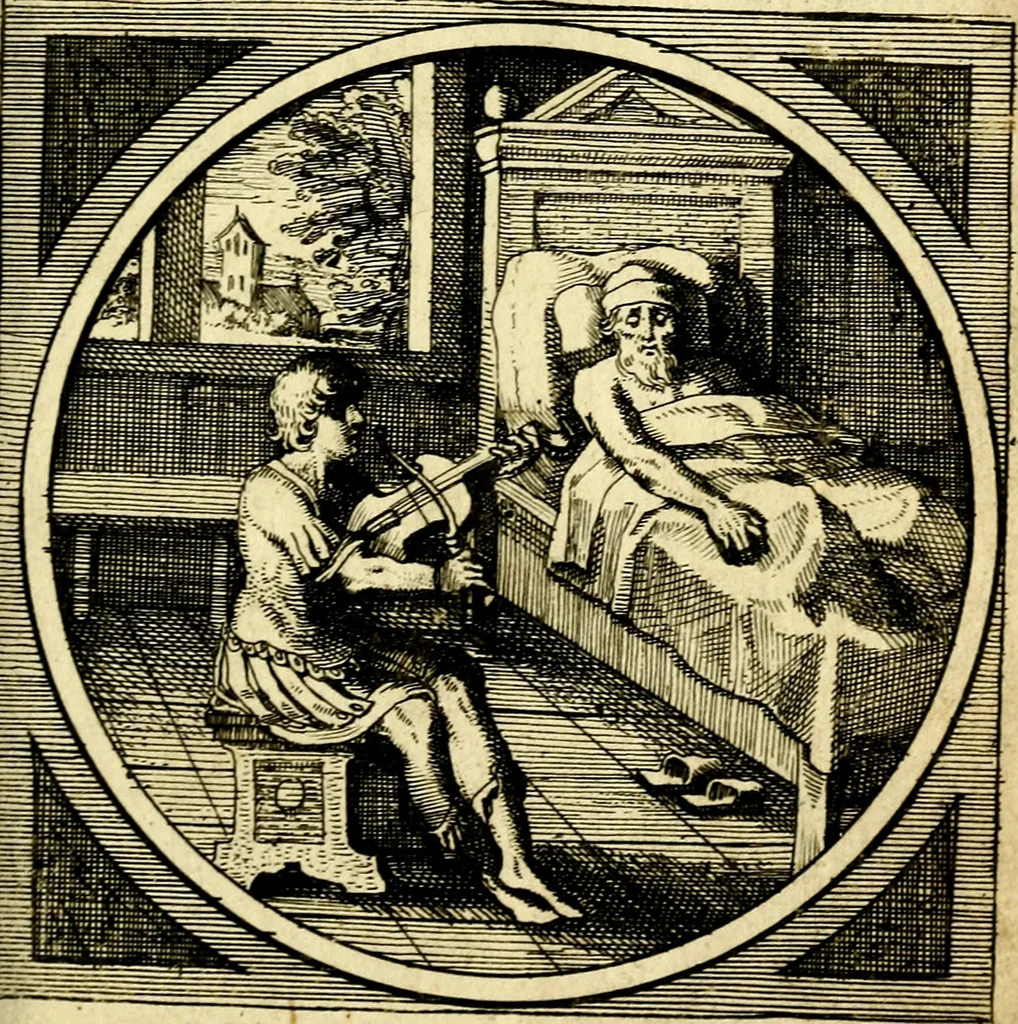 An illustration from Emblemata moralia nova, das ist: achtzig Sinnreiche nachdenckliche Figuren auss heyliger Schrifft in Kupfferstücken fürgestellet, worinnen schöne Anweisungen zu wahrer Gottesforcht begrieffen ... mit Lateinischen und Teutschen, nachmals aber von M.C.R. mit Frantzösischen und Italianischen Versen erkläret .., 1630, leaf 122