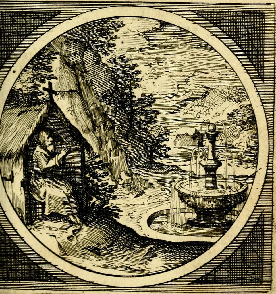 An illustration from Emblemata moralia nova, das ist: achtzig Sinnreiche nachdenckliche Figuren auss heyliger Schrifft in Kupfferstücken fürgestellet, worinnen schöne Anweisungen zu wahrer Gottesforcht begrieffen ... mit Lateinischen und Teutschen, nachmals aber von M.C.R. mit Frantzösischen und Italianischen Versen erkläret .., 1630, leaf 134