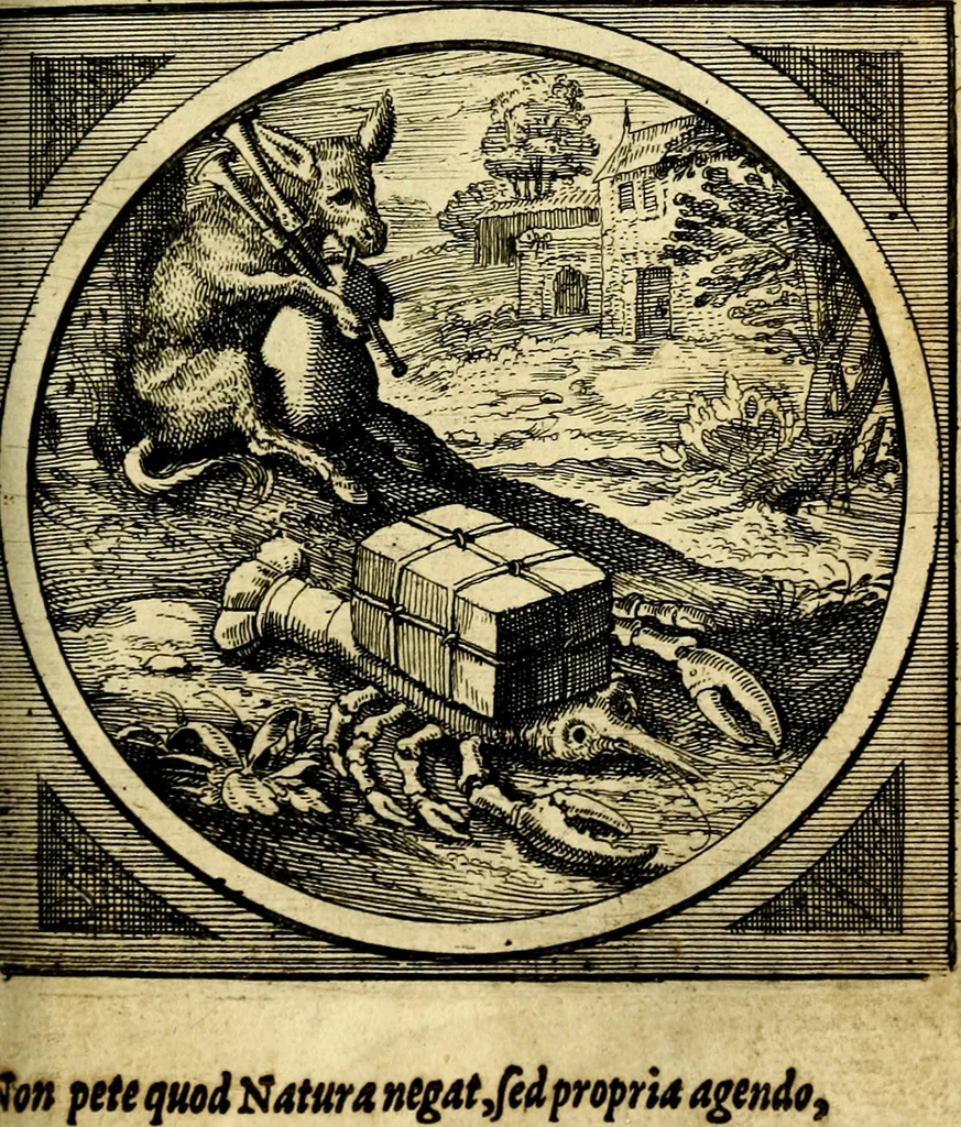 An illustration from Emblemata moralia nova, das ist: achtzig Sinnreiche nachdenckliche Figuren auss heyliger Schrifft in Kupfferstücken fürgestellet, worinnen schöne Anweisungen zu wahrer Gottesforcht begrieffen ... mit Lateinischen und Teutschen, nachmals aber von M.C.R. mit Frantzösischen und Italianischen Versen erkläret .., 1630, leaf 150