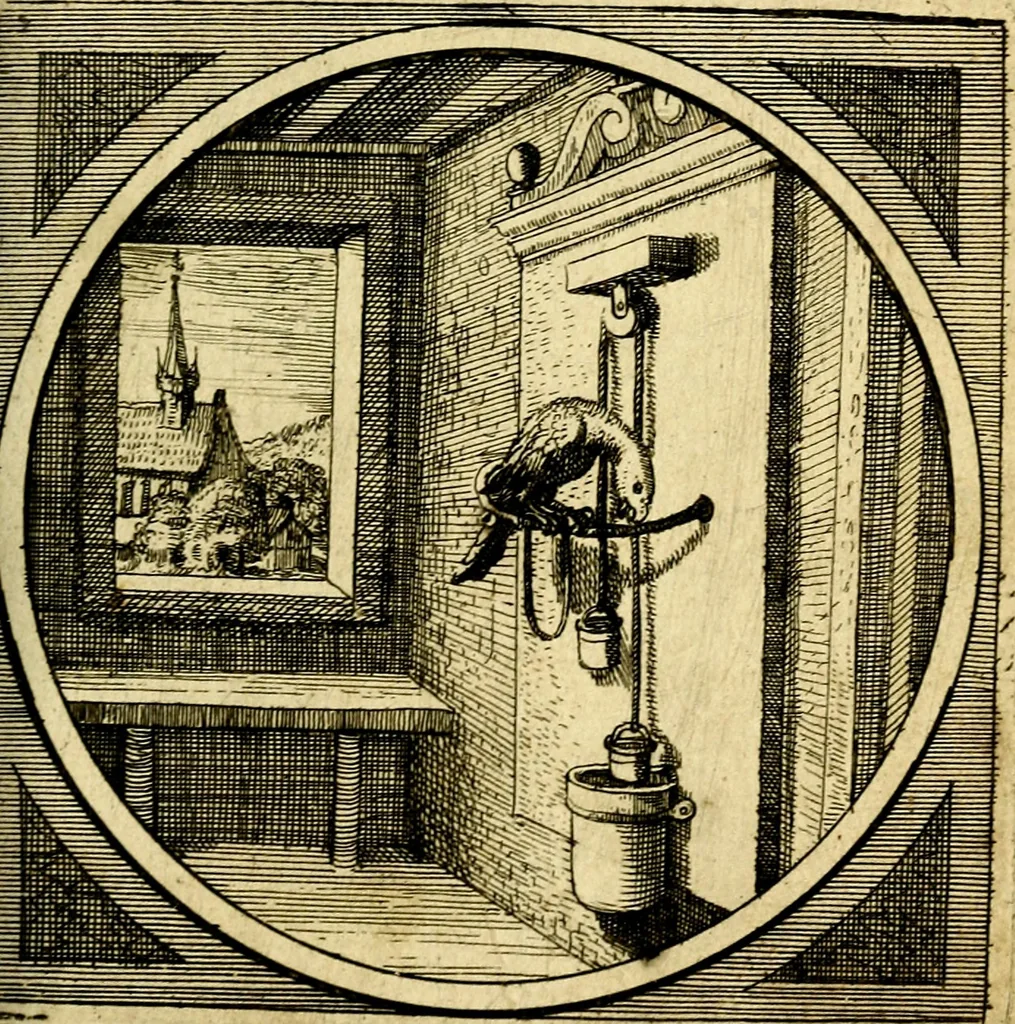An illustration from Emblemata moralia nova, das ist: achtzig Sinnreiche nachdenckliche Figuren auss heyliger Schrifft in Kupfferstücken fürgestellet, worinnen schöne Anweisungen zu wahrer Gottesforcht begrieffen ... mit Lateinischen und Teutschen, nachmals aber von M.C.R. mit Frantzösischen und Italianischen Versen erkläret .., 1630, leaf 166