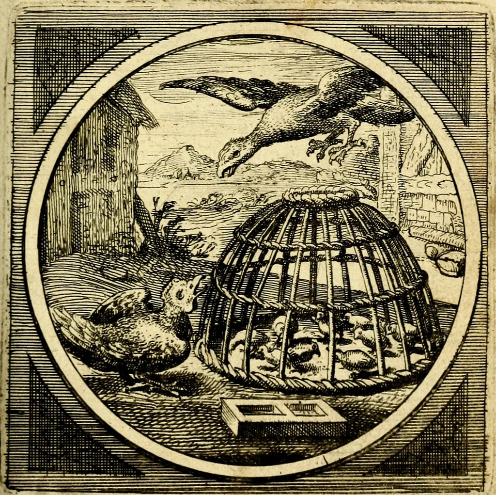 An illustration from Emblemata moralia nova, das ist: achtzig Sinnreiche nachdenckliche Figuren auss heyliger Schrifft in Kupfferstücken fürgestellet, worinnen schöne Anweisungen zu wahrer Gottesforcht begrieffen ... mit Lateinischen und Teutschen, nachmals aber von M.C.R. mit Frantzösischen und Italianischen Versen erkläret .., 1630, leaf 174