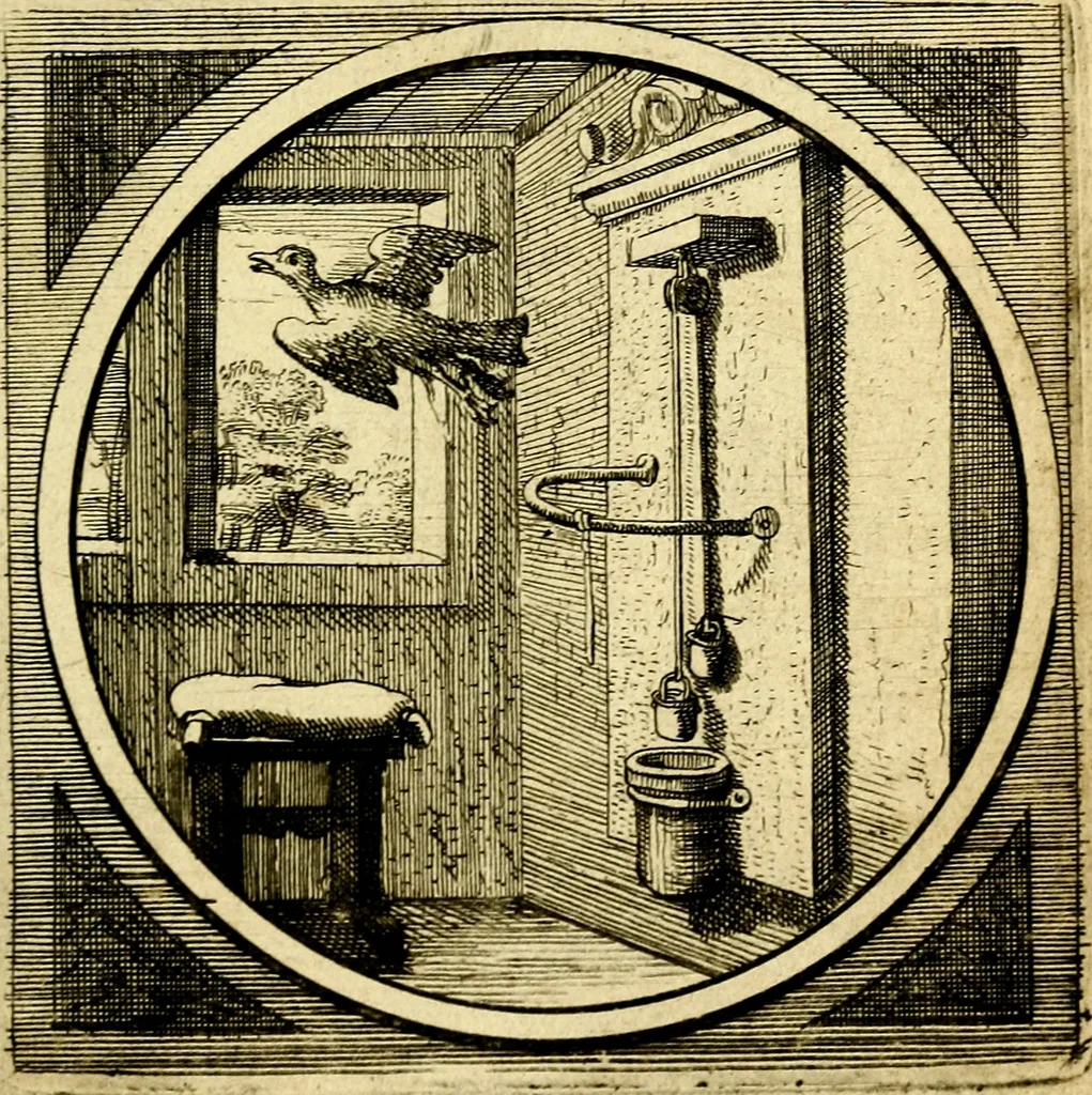 An illustration from Emblemata moralia nova, das ist: achtzig Sinnreiche nachdenckliche Figuren auss heyliger Schrifft in Kupfferstücken fürgestellet, worinnen schöne Anweisungen zu wahrer Gottesforcht begrieffen ... mit Lateinischen und Teutschen, nachmals aber von M.C.R. mit Frantzösischen und Italianischen Versen erkläret .., 1630, leaf 178