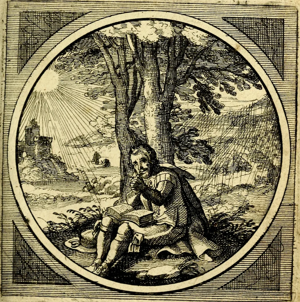 An illustration from Emblemata moralia nova, das ist: achtzig Sinnreiche nachdenckliche Figuren auss heyliger Schrifft in Kupfferstücken fürgestellet, worinnen schöne Anweisungen zu wahrer Gottesforcht begrieffen ... mit Lateinischen und Teutschen, nachmals aber von M.C.R. mit Frantzösischen und Italianischen Versen erkläret .., 1630, leaf 182